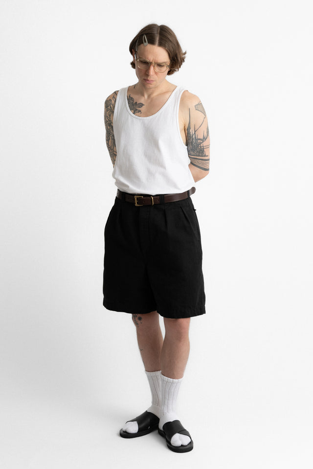 HATSKI Cotton / Linen Twill Pleated Thigh Wide Fit Shorts Black Perfect Circle men's seasonal and consignment online fashion shop