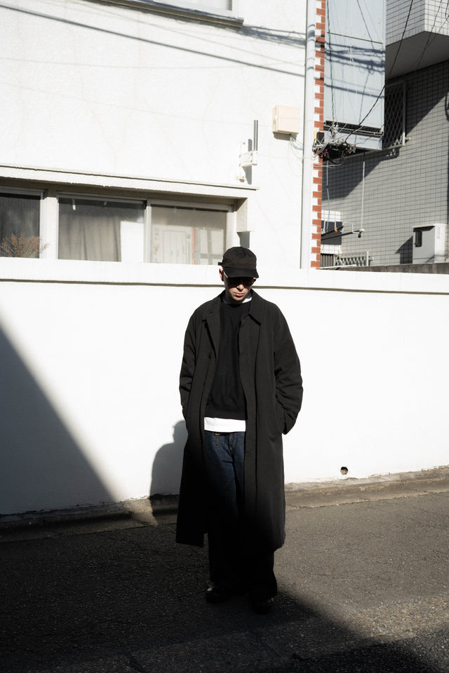 COMOLI, Object Dyed Cotton Balmacaan Coat Black, Size 2