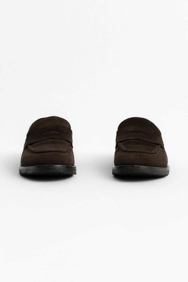 ENDS and MEANS, Crepe Sole Penny Loafers Brown Suede, Size 9 Perfect Circle men's seasonal and consignment online fashion shop