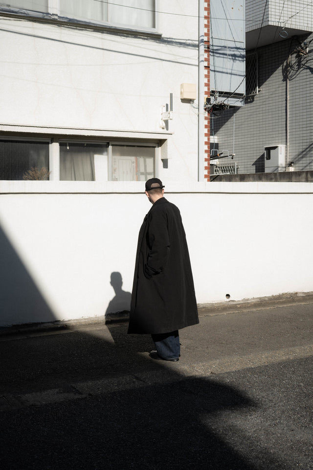 COMOLI, Object Dyed Cotton Balmacaan Coat Black, Size 2