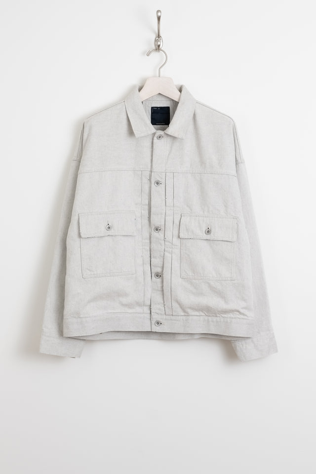 meanswhile Japan SS24 men's collection fade denim pleated sleeve blouson jacket off white Calculus online shop Canada