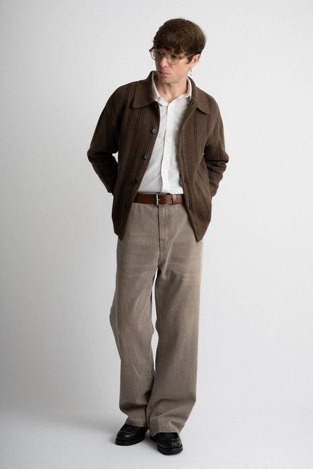 mfpen FW24 men's collection Formal Cardigan Light Brown Stripe perfect circle men's seasonal & consignment fashion shop