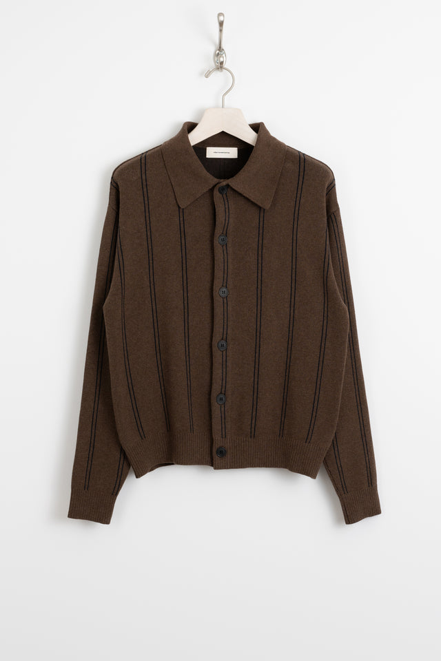 mfpen FW24 men's collection Formal Cardigan Light Brown Stripe perfect circle men's seasonal & consignment fashion shop