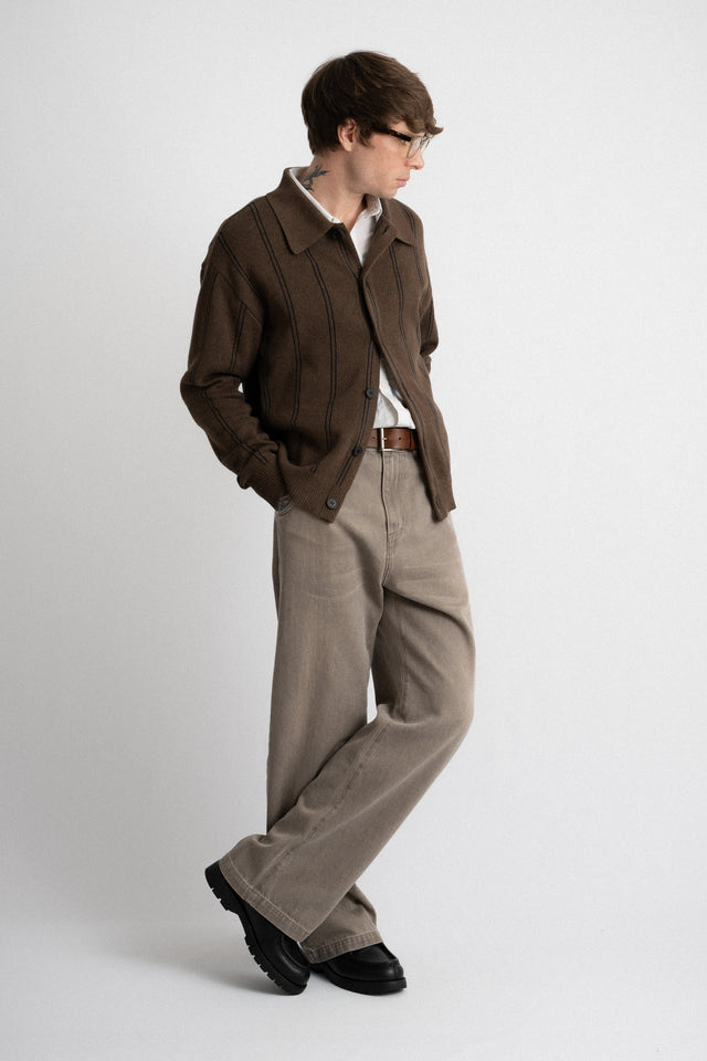 mfpen FW24 men's collection Formal Cardigan Light Brown Stripe perfect circle men's seasonal & consignment fashion shop