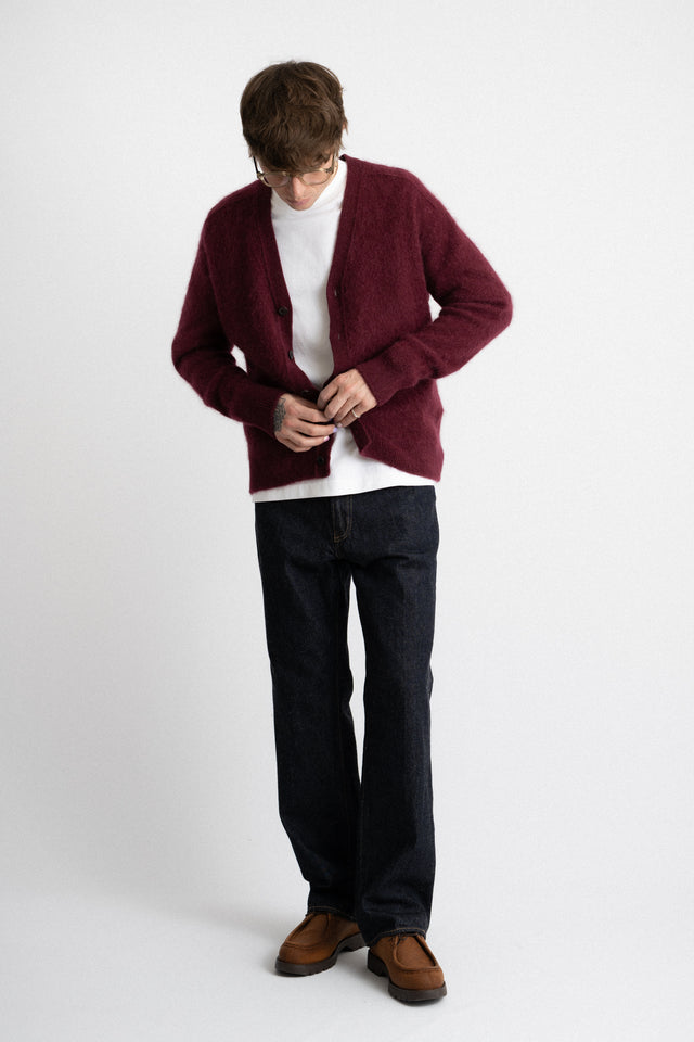 Kaptain Sunshine FW24 men's collection Royal Alpaca Knit Cardigan Burgundy Perfect Circle men's seasonal & consignment fashion shop