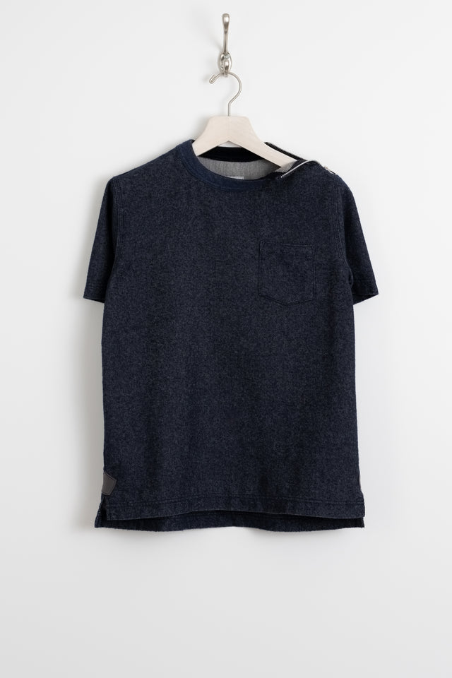 sacai, Wool Blend Zip Shoulder Knit Pocket Tee Indigo, Size 2 Perfect Circle Men's Seasonal & Consignment Fashion Shop