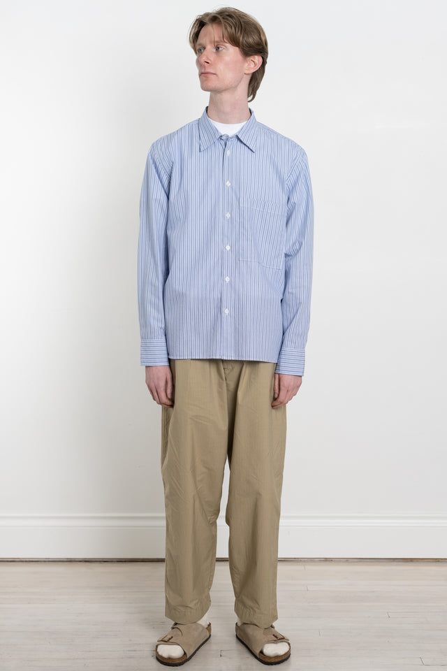 Universal Works SS24 Men's Collection Square Pocket Shirt Busy Stripe Cotton Blue / Navy Stripe Calculus Victoria BC Canada