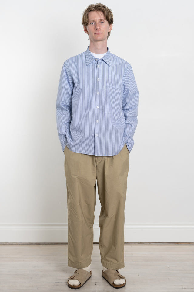 Universal Works SS24 Men's Collection Square Pocket Shirt Busy Stripe Cotton Blue / Navy Stripe Calculus Victoria BC Canada
