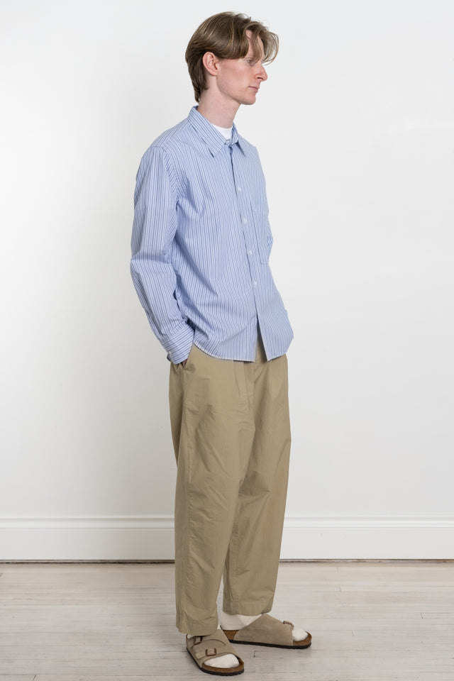 Universal Works SS24 Men's Collection Square Pocket Shirt Busy Stripe Cotton Blue / Navy Stripe Calculus Victoria BC Canada